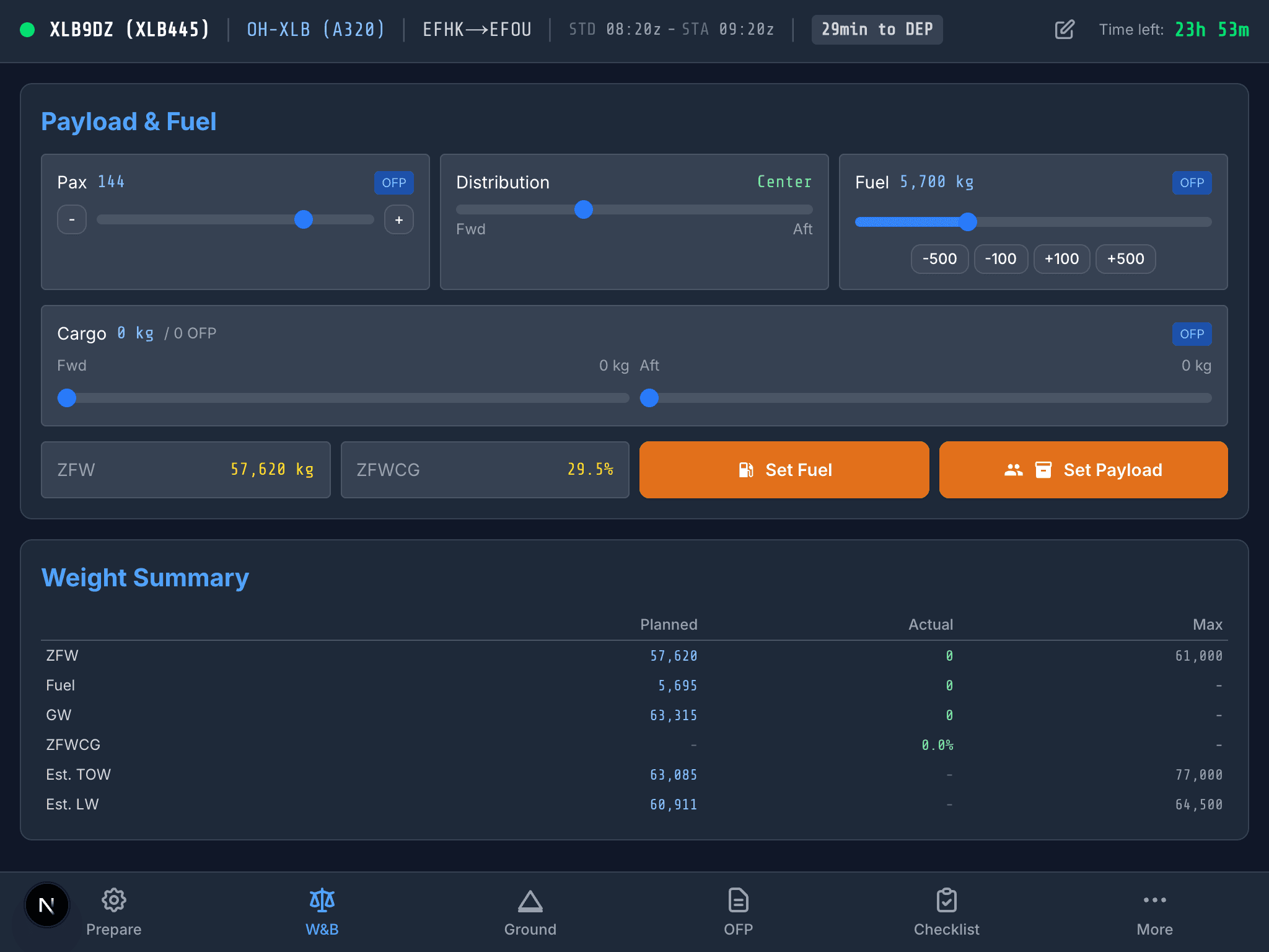 EFB weight and balance page